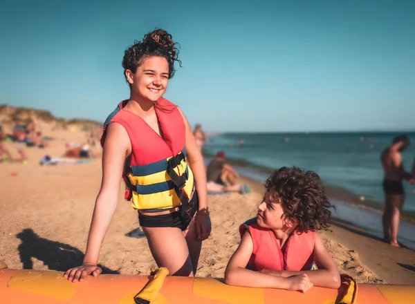 Family Vests Enjoying Water Activities Banana Boat Black Sea — Stock Photo, Image