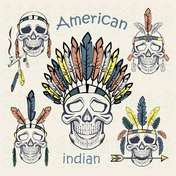 Indians set skulls with different headdresses ethnic — 스톡 벡터