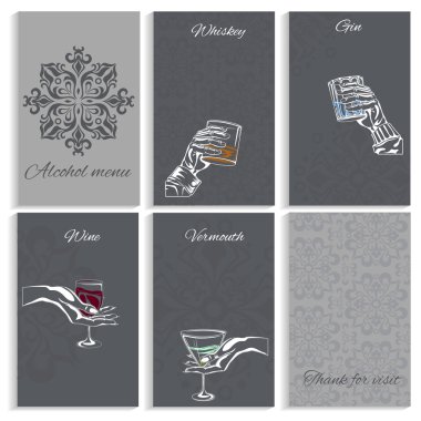 Set pages alcohol menu, man woman hand holding glass