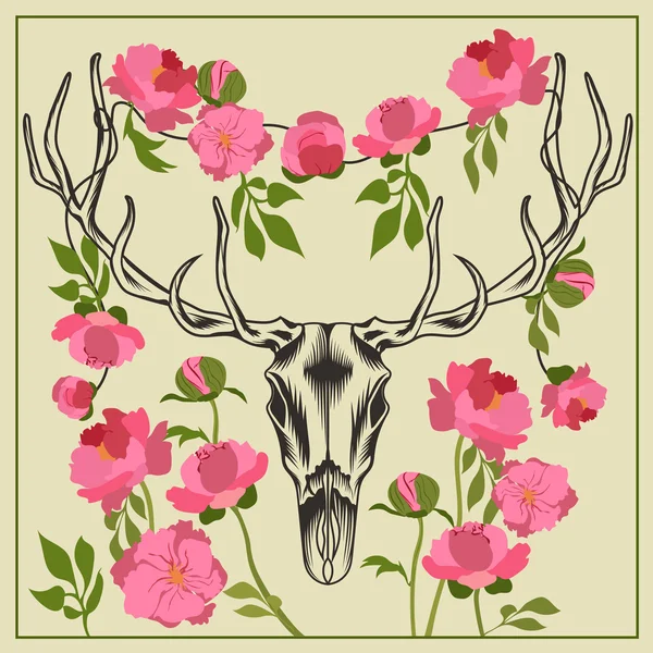 Deer skull antlered, flowers peonies — Stock Vector