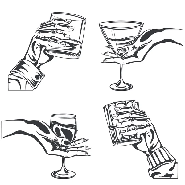 Masculino hembra mano celebración vidrio alcohol bebida — Vector de stock