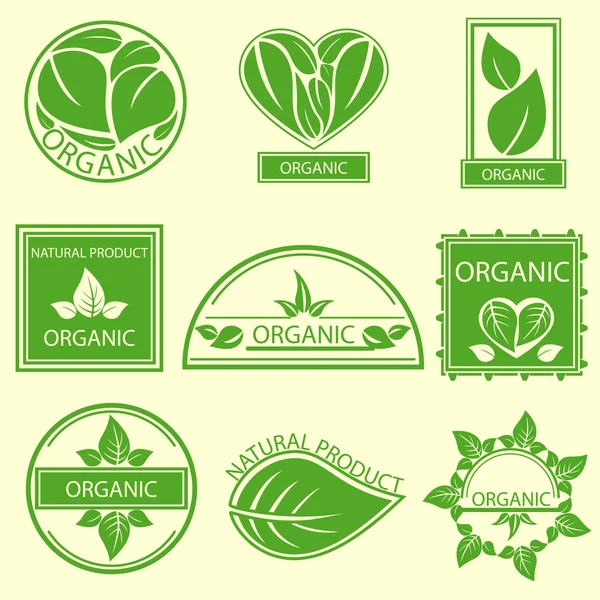 Productos de emblemas naturales orgánicos, etiquetas, logotipo — Vector de stock