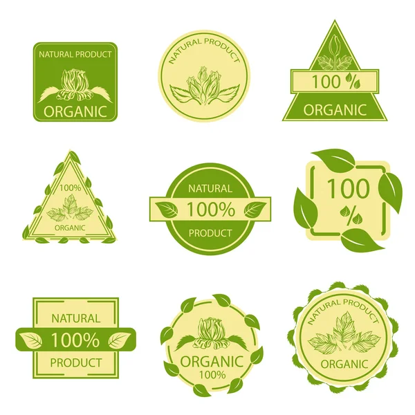 Productos de emblemas naturales orgánicos, etiquetas, marca — Vector de stock