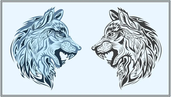 Graphic decorative wolves in black and blue colors — Stock Vector