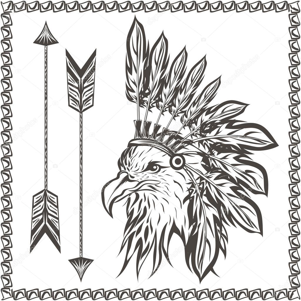 American Eagle in ethnic Indian headdress with feathers and arrows. In graphic stencil style. Totem animal. Vector illustration