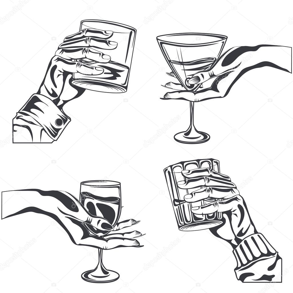 Male and Female hand holding glass alcohol drink whiskey, wine, vermouth, gin. Hand-drawn design element. Engraving style. Isolated vector illustration