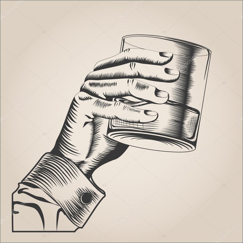 Male hand holding glass alcohol drink. hand-drawn design element. engraving style. Vector Illustration