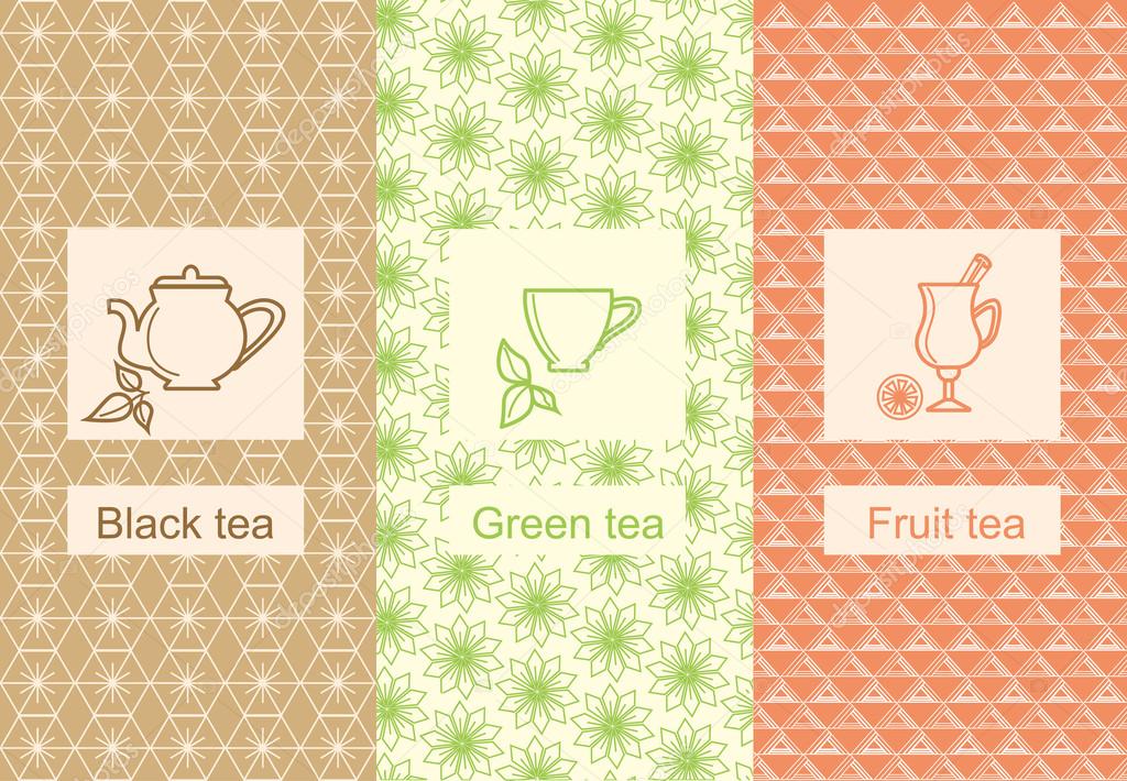 Set of design elements ornamental and icons in trendy linear style for tea package fruit,black and green tea. Vector illustration