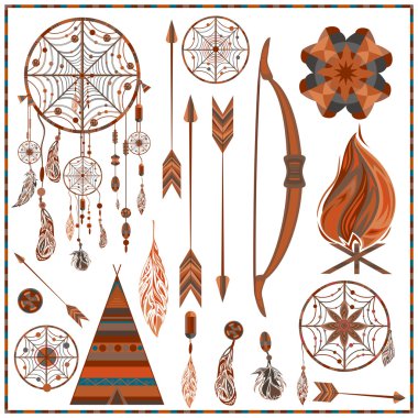 Set izole etnik unsurlar oklar, tüyler, boncuklar, wigwam, soğan, yangın, küpe