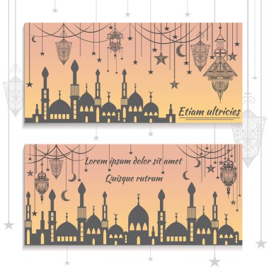 Etnik tebrik kartları, davetiyeler, camilerin silueti ve metin tebrikler ışıkları, yıldızlar, ay ile ayarlayın