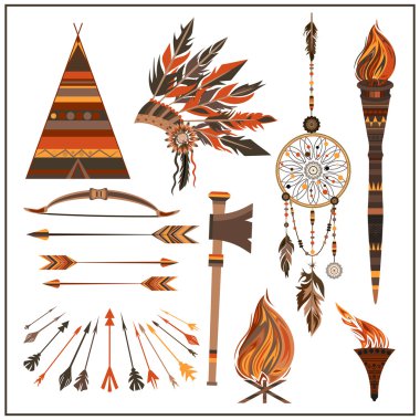 Set elemanları etnik tarzı boncuk, wigwam, yangın, tomahawk, meşale.