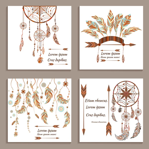 Tebrik kartları etnik stil ayarlayın. Rüya Yakalayıcı, oklar, tüyler, boncuklar, bufalo başlık