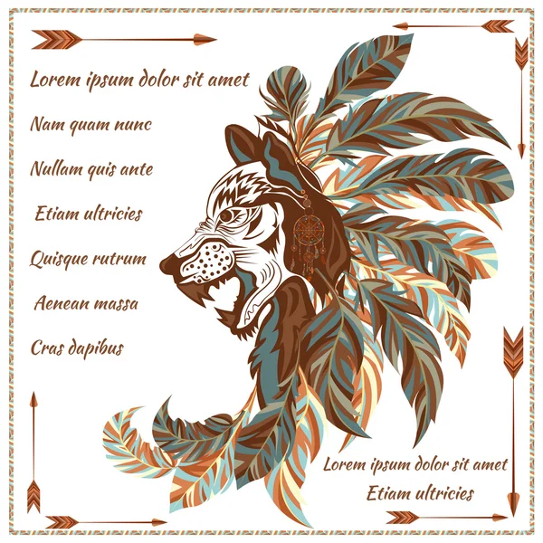 Obálka v etnickém stylu v obrazu vlka s peřím, šípy — Stockový vektor