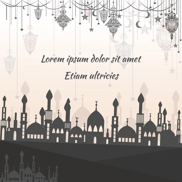 Grußkarte ethnisch mit Silhouette einer Moschee und Text für die Glückwünsche Lichter, Sterne, Mond — Stockvektor