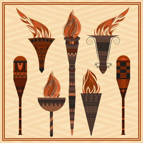 Set ornamental antorchas llameantes elementos griego ornamento, fuego — Vector de stock