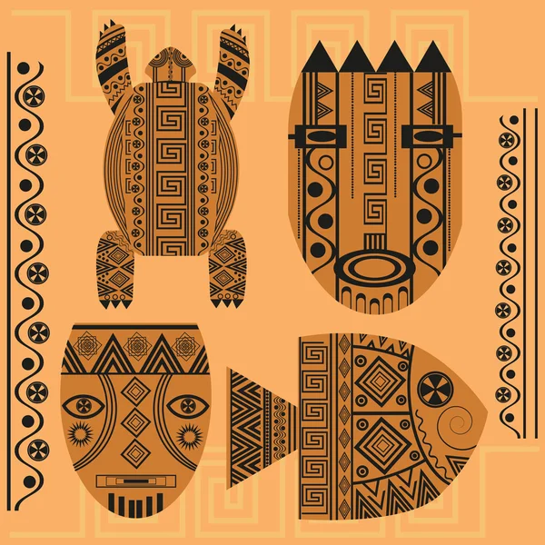 Conjunto de máscara decorativa, peces, tortuga, ornamento africano — Archivo Imágenes Vectoriales