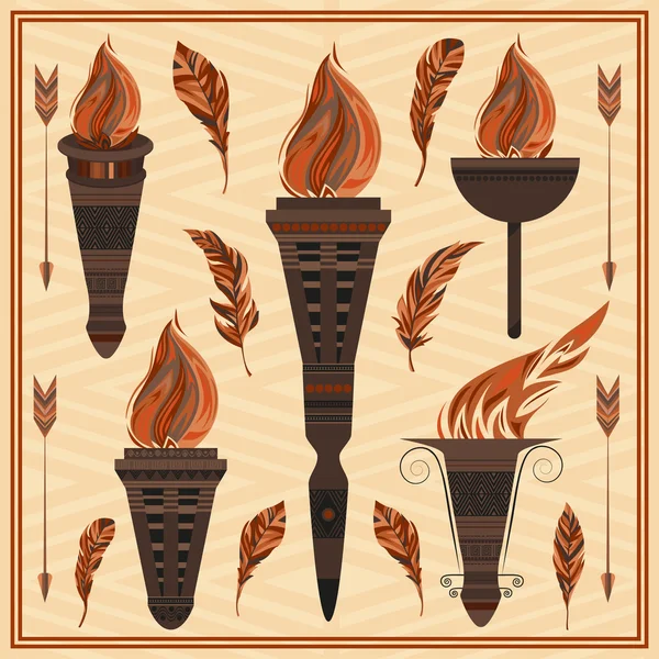 Tocha flamejante do ornamento de Greece antigo, fogo de Roma, penas, setas — Vetor de Stock