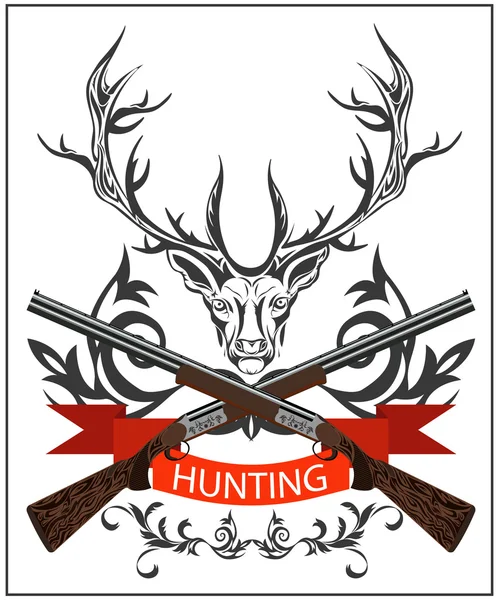 Hunting emblem, deer decorative, tape, gun, rifles, floral ornament — Stock Vector