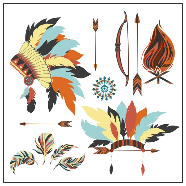 Set ethnic style arrows, feathers,bow, war bonnet, fire — Stock Vector