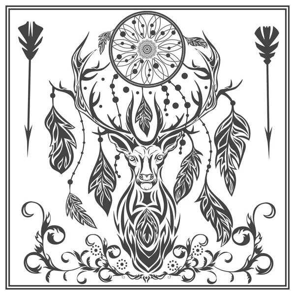 Gráficos ornamentales plumas de ciervo, flechas, atrapasueños — Vector de stock