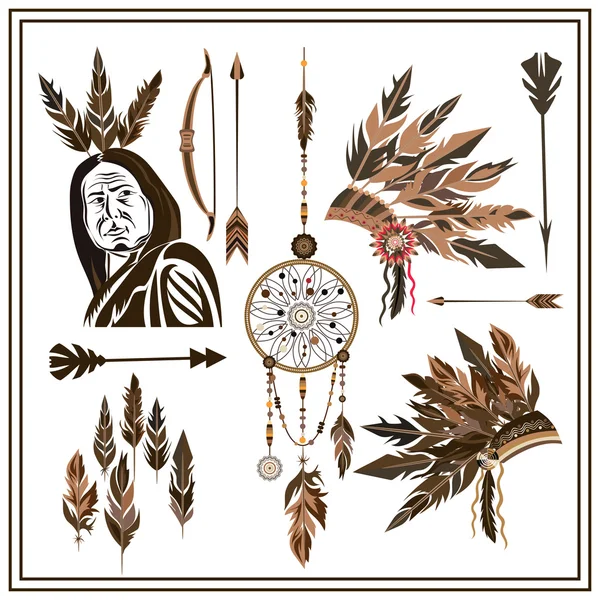 Set of ethnic style arrows, feathers, beads, bow, injun — Stock Vector