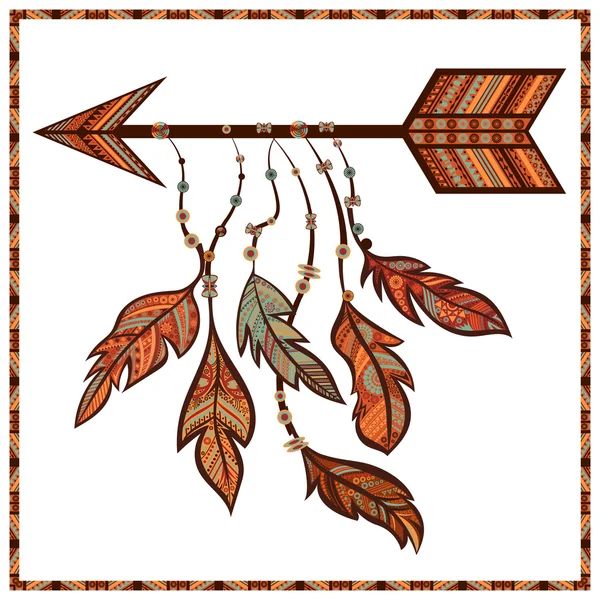 Set isolated ethno ornamental feathers, arrow — Stock Vector
