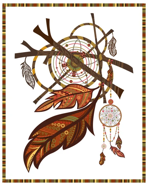 Elementen etnische stijl Dream Catcher, twijgen, veren — Stockvector