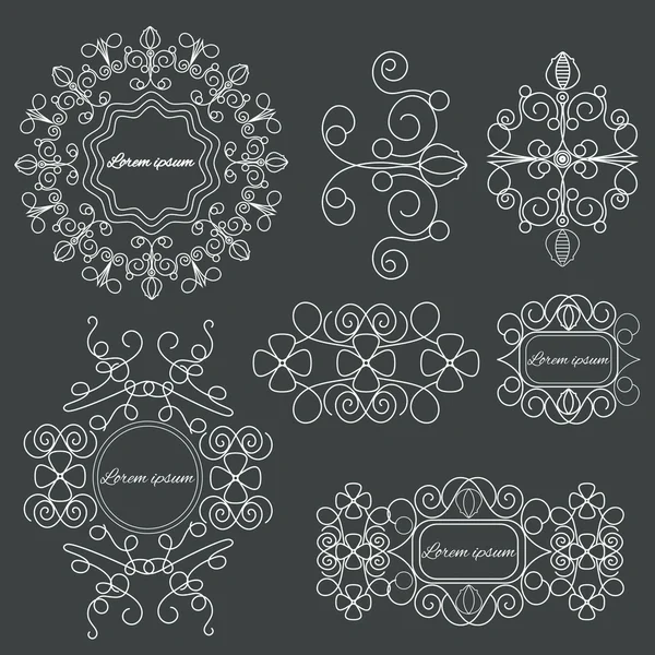 Setzen Logos elegante Ornamentlinien auf schwarzem Hintergrund — Stockvektor