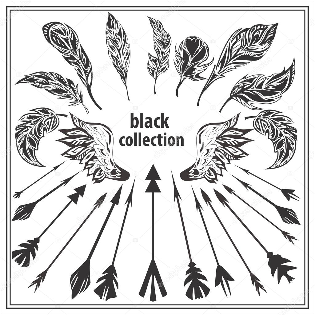Set monochrome feathers wings and arrows on a white background. Isolated decorative elements for design. Vector illustration