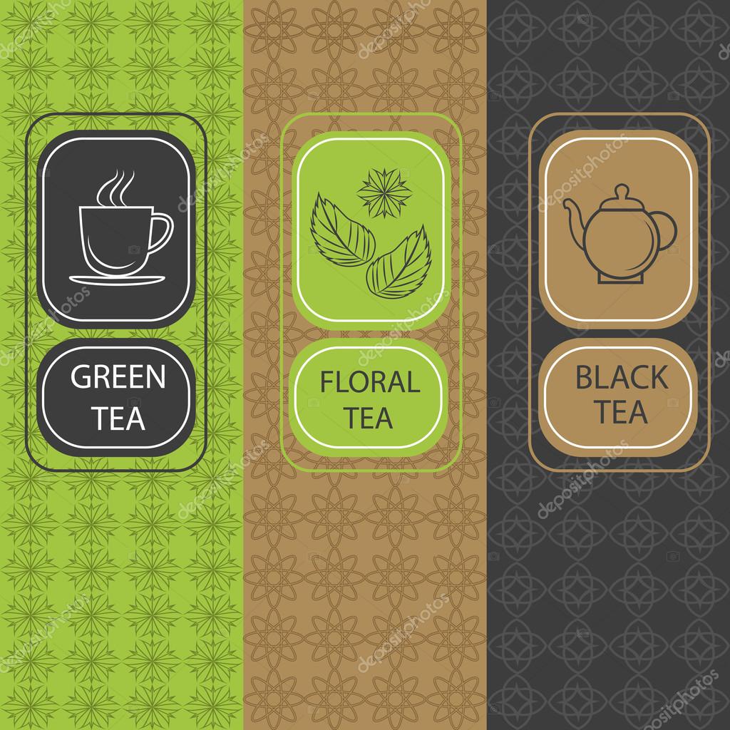 Set of design elements and icons in trendy linear style for tea package, brochures floral, black and green tea. Vector Illustration
