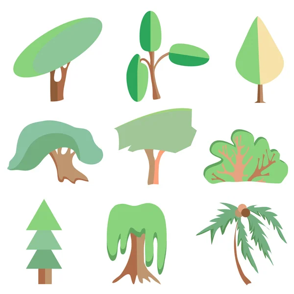 Bäume, Palmen, Eichen, Fichten, Sträucher, Weiden, symbolische Symbole — Stockvektor