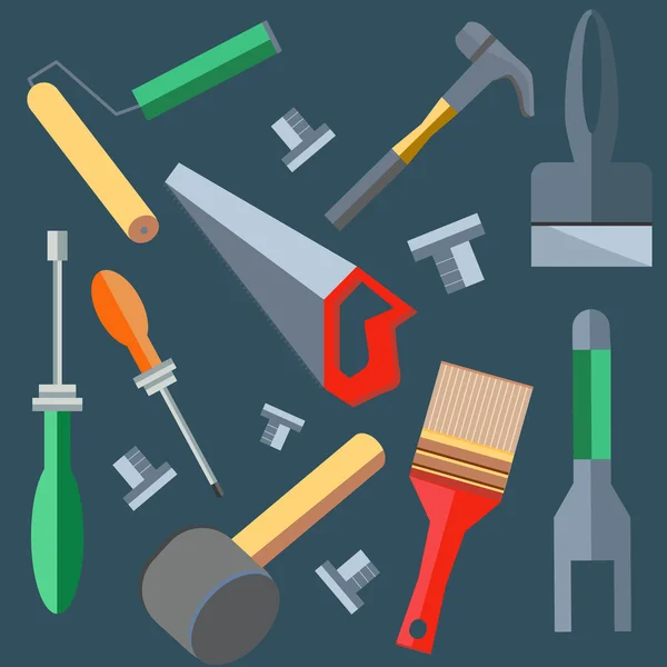 Outils marteau, scie, tournevis, spatule, brosse, rouleau — Image vectorielle