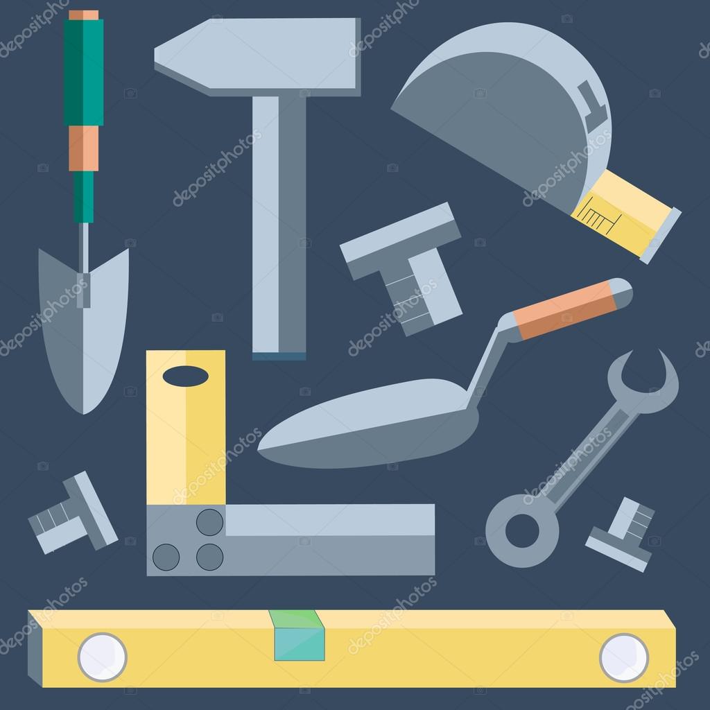 Icons of building materials. Shovel, level, putty knife, wrench, hammer into a flat style on gray background. Logo design elements. Vector illustration
