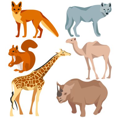 Set Isolated different animals fox, wolf, giraffe, protein, camel, rhinoceros