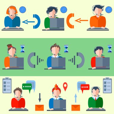 Call center clock, envelopes, headphones, people