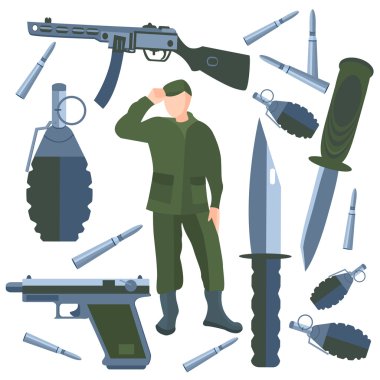 Set isolated weapons, soldier weapon, knife, bullet, grenade