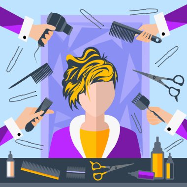 Set hairdressing objects, stylist, scissors, pins, combs, hairdryer