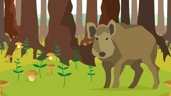 Boar in forest with trees, fungus, seamless, animals, nature — ストックベクタ