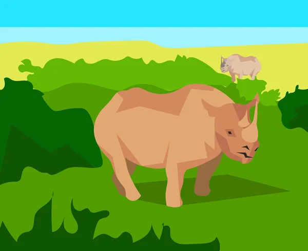 Rhino pe tufișuri de fundal, animale și natură — Vector de stoc