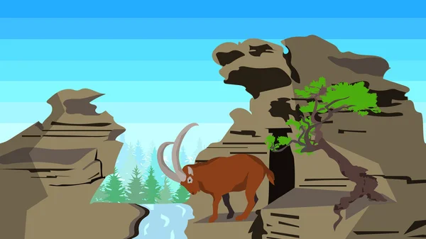 Goat on rocks with tree, seamless, animals, nature — ストックベクタ