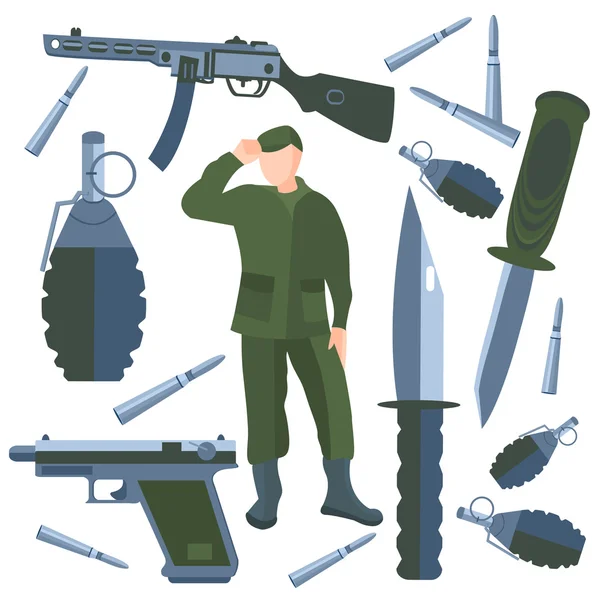 Setați arme izolate, armă soldat, cuțit, glonț, grenadă — Vector de stoc