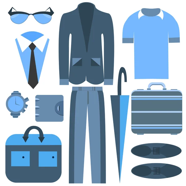 Abbigliamento business uomo isolato e accessori ombrello, completi, camicie — Vettoriale Stock