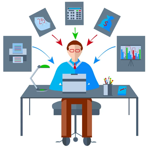 Iconos aislado mesa hombre de negocios, fax, ordenador portátil, lámpara, mesa, gráfico — Vector de stock