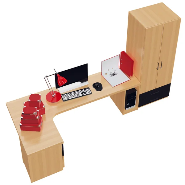 Möbel für den Arbeitsplatz mit Büromaterial. 3D-Grafik — Stockfoto