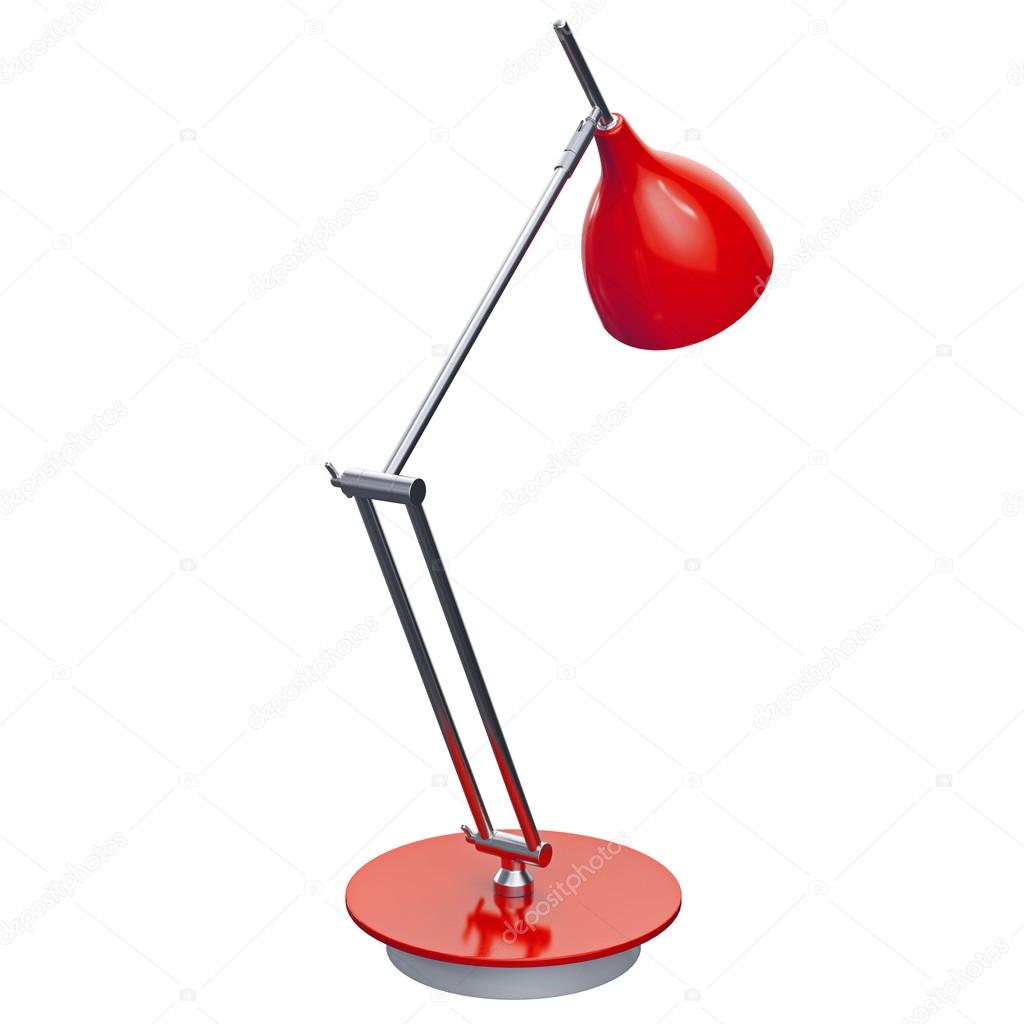 Red metal lamp on round plate. Perspective back view. 3d graphic