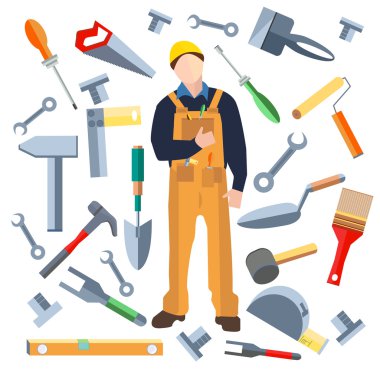 Set isolated objects, worker saw, trowel, hammer, screwdriver, brush