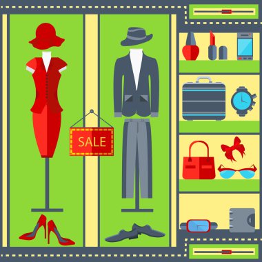 Shop window mens womens clothing suits, dresses, watches, handbags