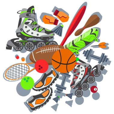 Sporting goods basketball ball, sneakers, racket, boxing gloves