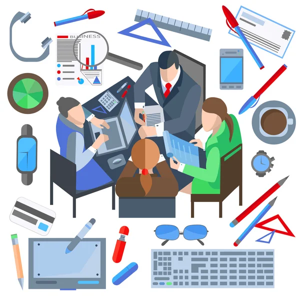 Business people, man, woman, phone, laptop, documents, watch — Stockový vektor