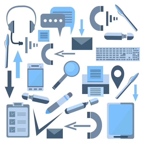 Set isolated office appliances flash drive, mobile phone, headset, printer — Stockový vektor